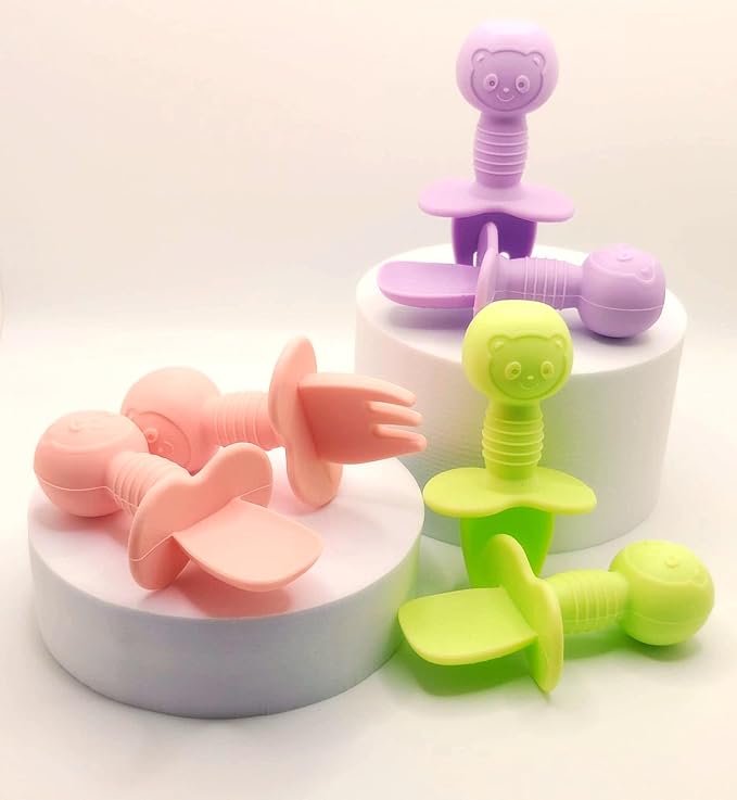 Yummy Baby 3 Pack Deluxe Baby Spoons and Forks Feeding Sets, 3 Month+ First Stage Self Feeding Training Toddler Utensils, For Baby Led Weaning,100% Food Grade Silicone and BPA Free (Pink/Purple/Green)
