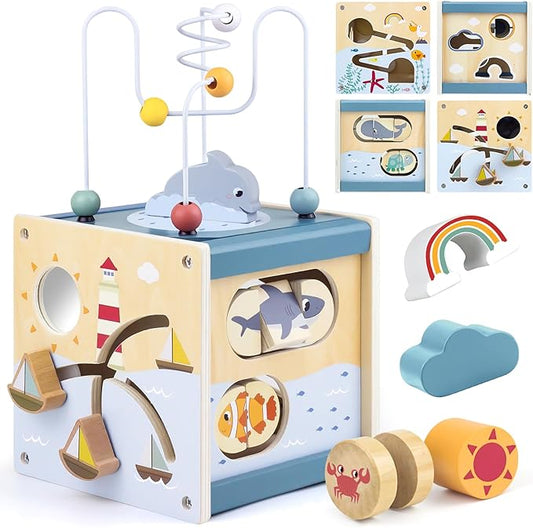 Airlab Wooden Activity Cube Montessori Toys for 1 Year Old Toddlers 12 Months + Toddler Learning Toys 1-3 Boys Girls Baby Sensory Interactive Birthday Gift