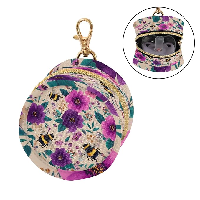 Pacifier Holder with Clip Pacifier Case for Diaper Bag Round Baby Pacifier Pouch Box Bag Portable Beige Bees and Colorful Flowers