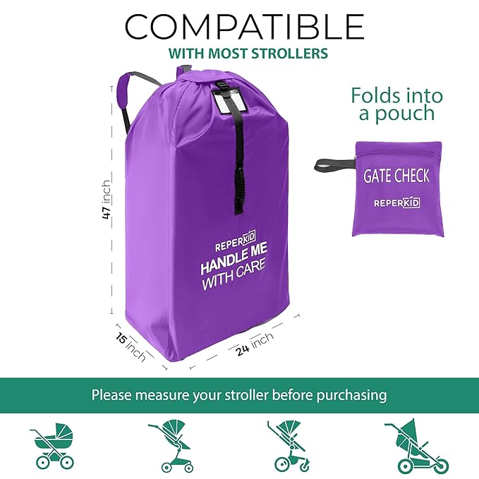 reperkid Large Stroller Bag for Airplane Travel, Purple, 47" H x 24" W x 15" D, Fits Most Large, Single, Double, Jogging Strollers ??Premium Waterproof Cover, Adjustable Shoulder Straps
