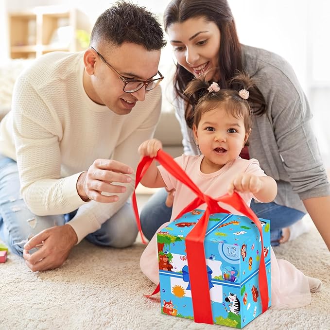 Wooden Activity Cube | Montessori Toys for 1-2 Year Old Toddlers | One Year Old 1st First Birthday Gift | Developmental Toys for 12 Months Baby Boys Girls | Bonus Sorting & Stacking Board (Blue)