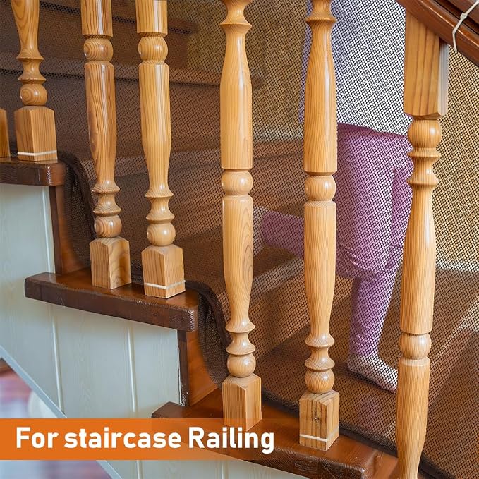 Banister Guard 6.6ft x 2.6ft Child Safety Net Balcony Stair Railing Proof Mesh for Kids, Toys, Pets, Brown
