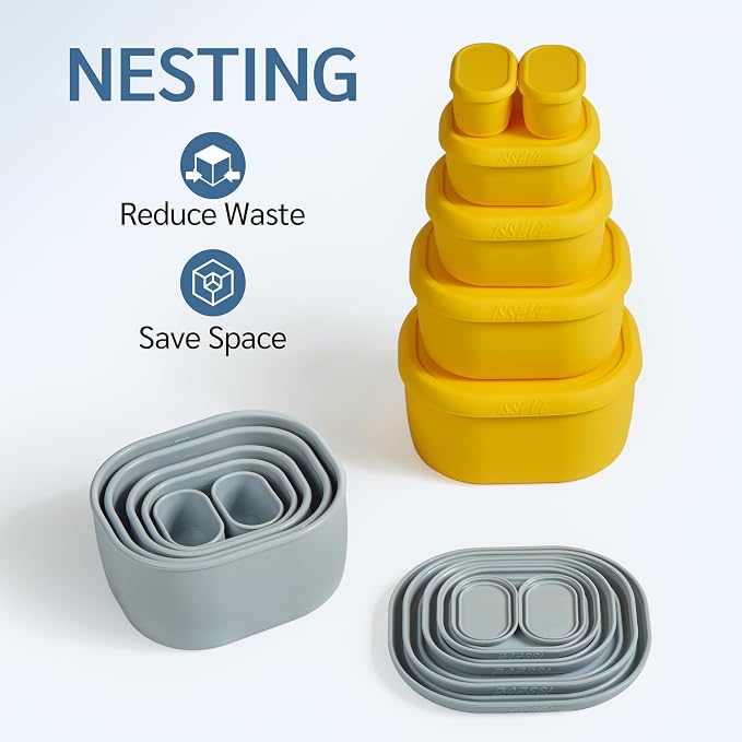 ISSEVE 6Pcs/Set Nesting Silicone Food Storage Containers with Lids, BPA Free Reusable Meal Prep Silicone Containers Lunch Box Bento Box Set (33.8oz, 20oz, 10oz, 6.7oz, 1.3oz) (Yellow)