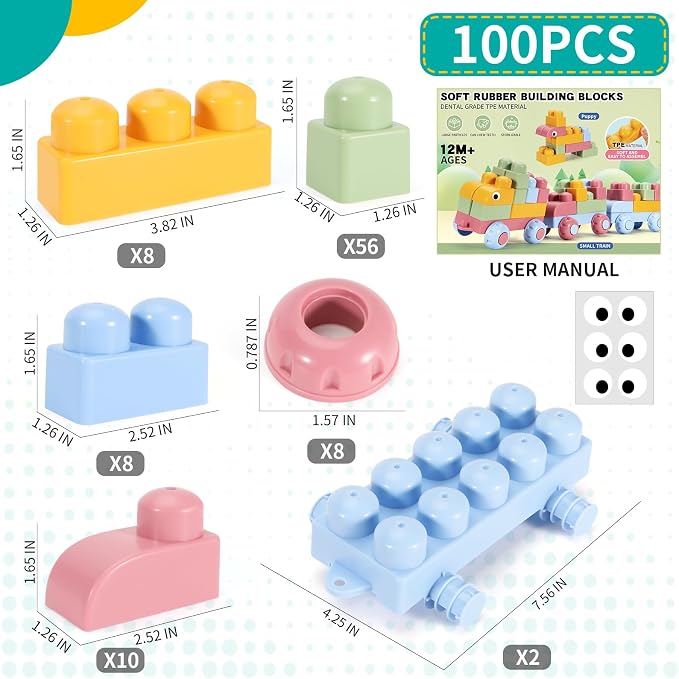 Mega Blocks for Toddlers 1-3 Big Soft Building Blocks 100 Pcs Large Construction Stacking Block Toys Toddler Building Sets Improve Imagination Creativity Hands-on Ability