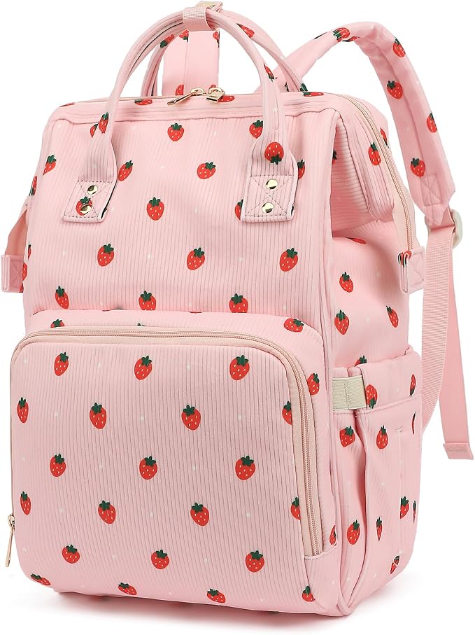 Corduroy Diaper Bag Backpack for Baby Girls Boys, Women Large Nappy Bags for Mom (Pink Corduroy Strawberry)