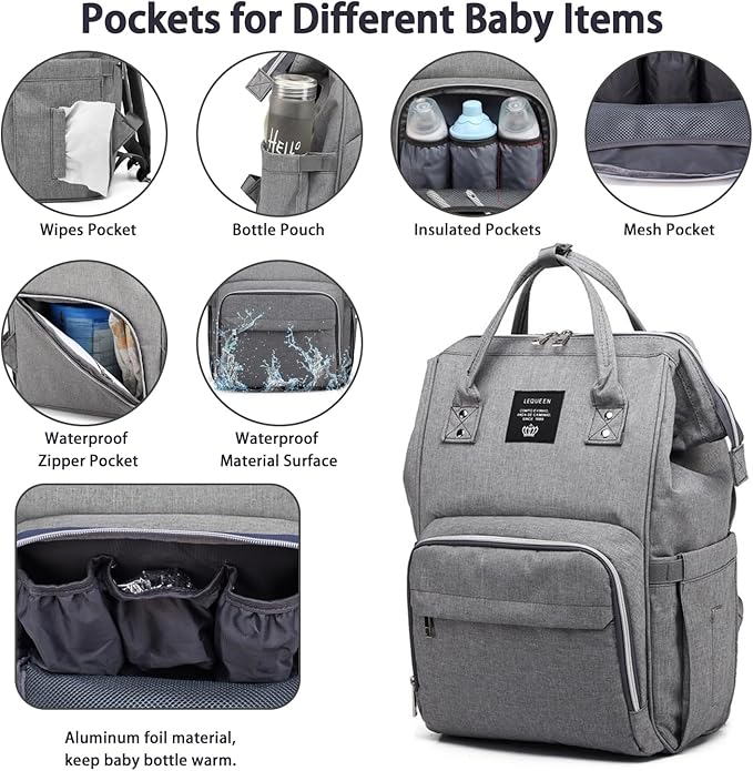 Diaper Bag Backpack for Mom Dad, Maternity Changing Bag Diaper Backpack with Stroller Straps(USB-grey)