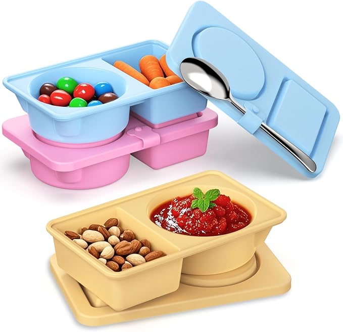 Reusable Snack Containers with Lids Silicone, 3 Pack Double/2 Compartment Small Snackle Box Container for Salad Sauce, Condiment Containers with Lids for Portion Control, Travel, Picnic