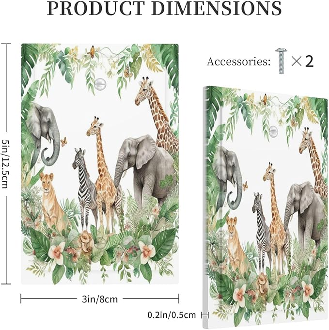 Tropical Leves Safari Animals Giraffe Elephant Zoo Light Switch Cover Plate 1 Gang No Device Blank Electrical Wall Plates Faceplate Decorative Switch Plate Covers for Kids Room Nursery Decor