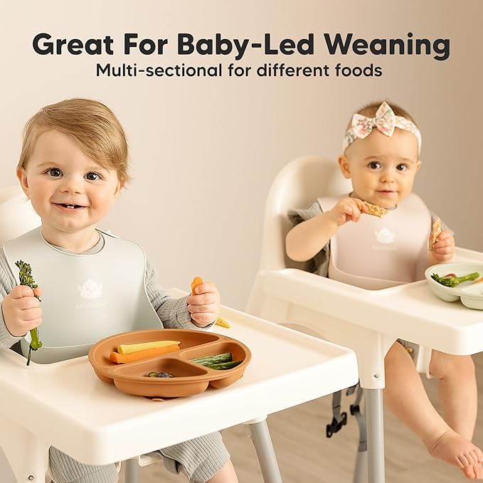KeaBabies Suction Plates for Baby, Toddler - 3-Pack 100% Silicone Toddler Plates with Suction, Divided, BPA-Free Baby Led Weaning Essentials for Kids, Dishwasher, Microwave Safe, Durable (Rain)
