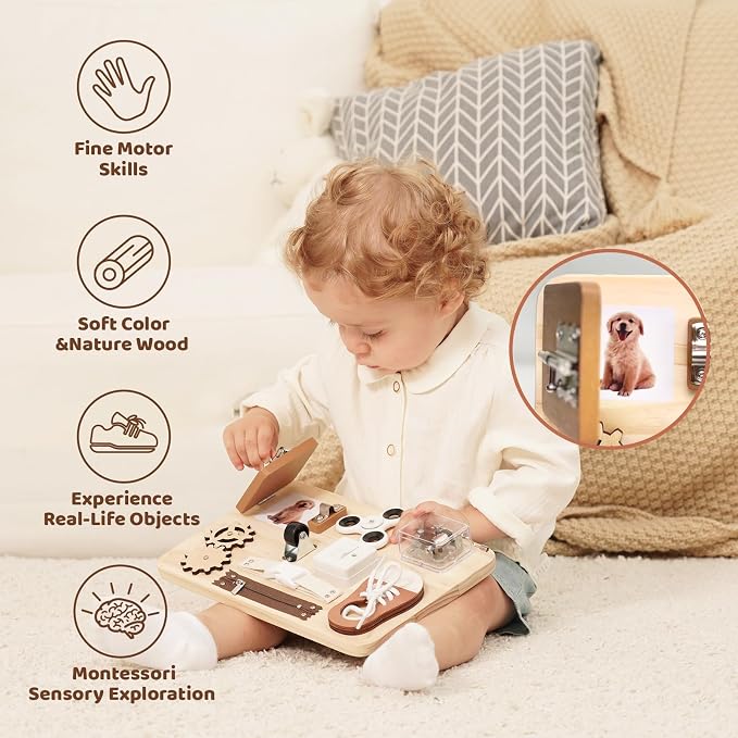 Potatomato Busy Board Toddlers - Montessori Educational Fidget Toys for Baby - Wooden Sensory Toys Autistic Children - Preschool Learning Activities Fine Motor Skills – Travel Toy for 3 4 Years