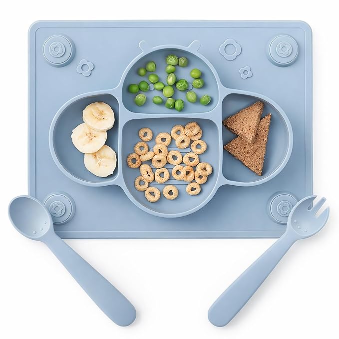 ROCCED Suction Plates for Baby placemat Spoon Fork Set for Toddlers, Silicone Baby Plates with Suction Baby Dishes for Kids Plates-Dusty blue