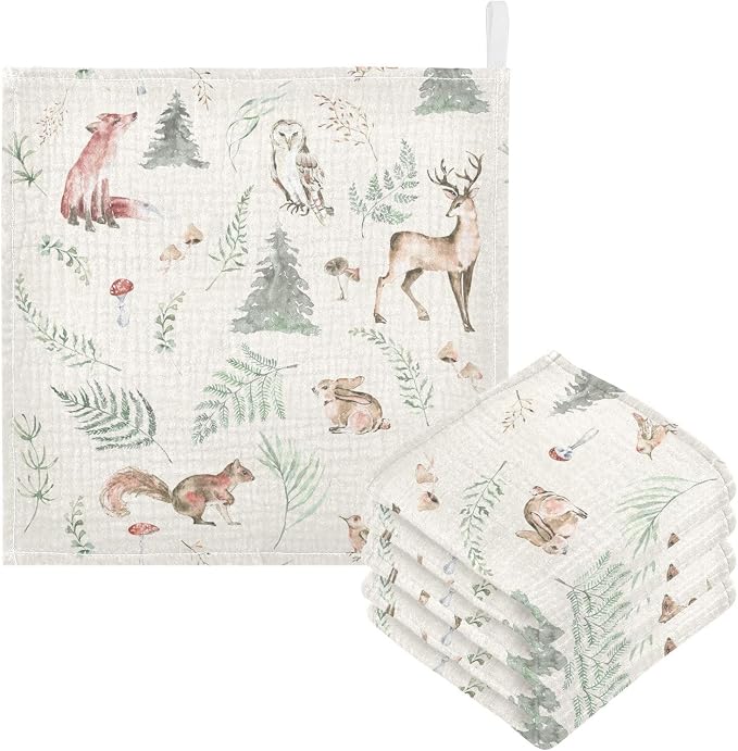 vvfelixl Watercolor Forest Animals Baby Burp Cloths Baby Muslin Washcloths for Boys Girls Cotton Baby Face Towel for Newborn Infants Soft and Absorbent 11.8 X 11.8 in, 5 Pack
