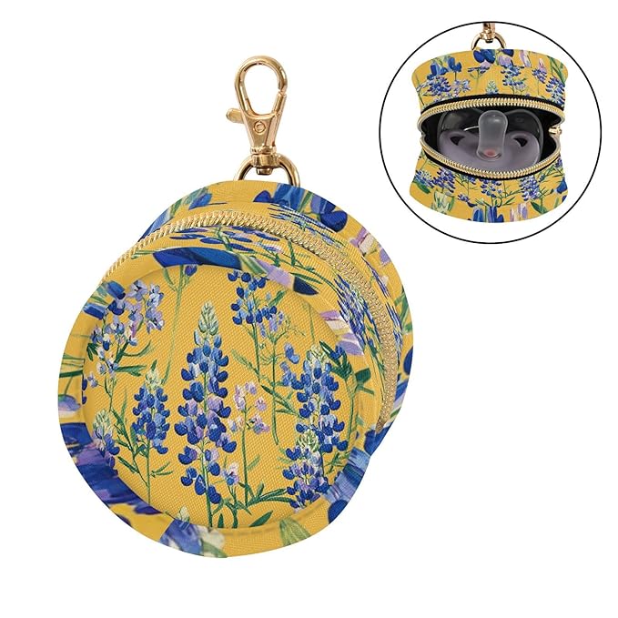 Pacifier Holder with Clip Pacifier Case for Diaper Bag Round Baby Pacifier Pouch Box Bag Portable Yellow Cute Bluebonnet and Wildflowers