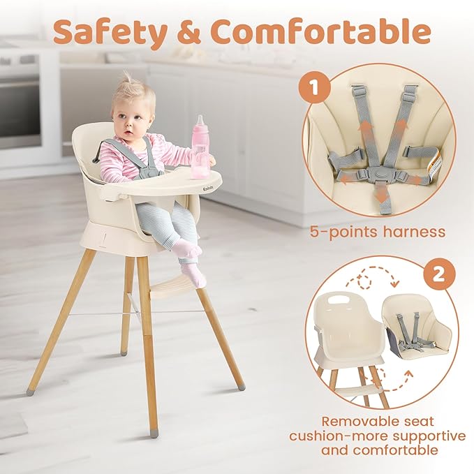 Ezebaby Portable Baby High Chair, High Chairs for Babies and Toddlers with Adjustable Legs, 6-in-1 Convertible to Booster Seat for Dining Table, Toddlers High Chair with Removable Cushions - Cream