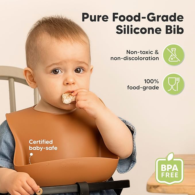 KeaBabies 2-Pack Silicone Bibs for Babies, Toddlers Girl, Boy ??Sturdy Food-Grade Baby Bibs for Eating, Large Food Catcher, Clean & Put On Easily, Waterproof Toddler Feeding Essentials (Terracotta)
