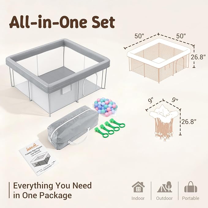 Foldable Baby Playpen, 50"×50" Collapsible Play Yard for Babies and Toddlers, No Assembly Required, Kids Safety Play Area with 4 Handles, 50 Balls and Visible Mesh, (Grey, 50x50 Inch)