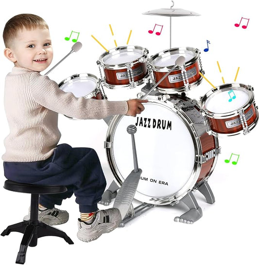 Kids Drum Set for Toddlers 1-3 3-5 - Musical Instruments Toys Drum Kit 9 Pcs with Stool, Birthday Musical Toys for Toddlers 3 4 5 Year Old Boys Girls