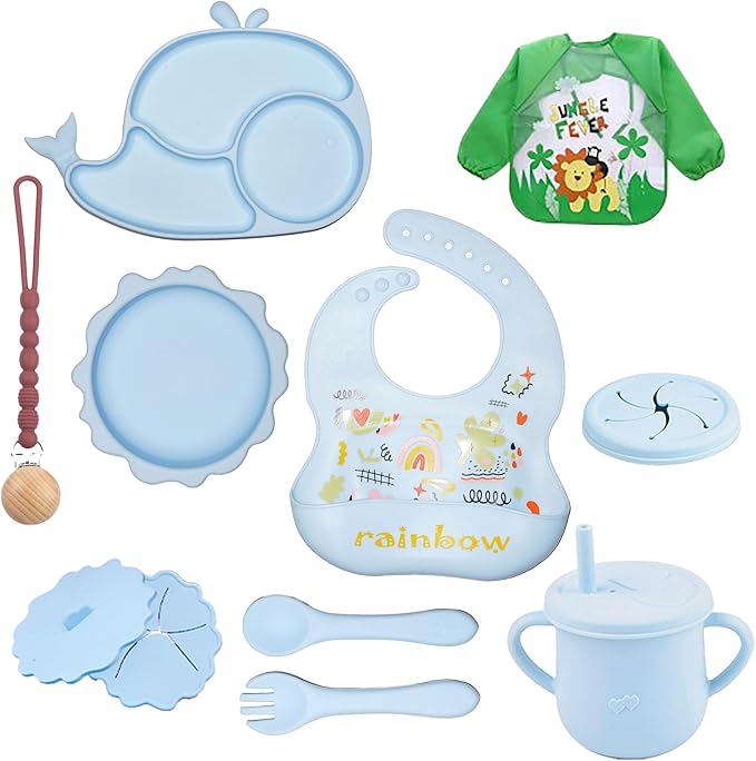 Silicone Baby Feeding Set 14 Pcs | Baby Led Weaning Supplies | Baby Spoons Suction Bowl Divided Plate Bib Cup | First Stage Solid Food Eating Utensils - 6+ Months