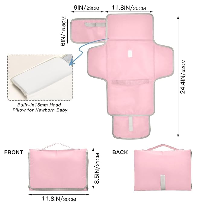 Pink Portable Diaper Changing Pad for Baby, Waterproof & Foldable Changing Mat, Soft & Comfortable with Wipes Pocket, Baby Essentials