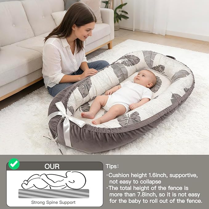 Baby Lounger | Organic Cotton Infant Lounger | Reversible, Adjustable & Portable Floor Lounger | Soft, Breathable, Washable Cover-Grey Leaves