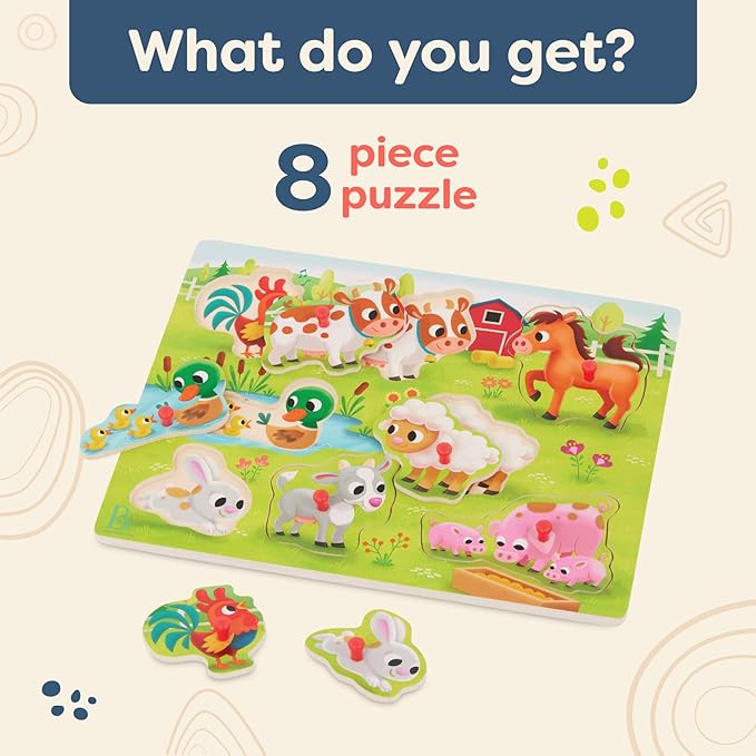 B. toys – Peek & Explore – Farm Animals – Wooden Peg Puzzle – Farm Puzzle for Toddlers, Kids – 8 Farm Animal Pieces – Cow, Horse, Sheep & More – 2+ Years