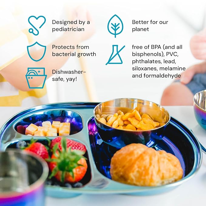 Ahimsa Stainless Steel Plates For Kids, Pediatrician Designed Divided Plates for Toddlers & Baby, Non Toxic, Unbreakable & Dishwasher Safe, Iridescent Blue Set of 4