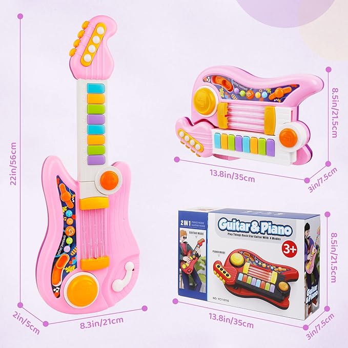 Kids Guitar 2 in 1 Musical Instruments for Kid - Fun Piano Toddler Toy & Electric Guitars | Explore Creativity | Unleash Child?™s Talent, Music Toys for 2-4 Year Old Boys & Girls (Pink)