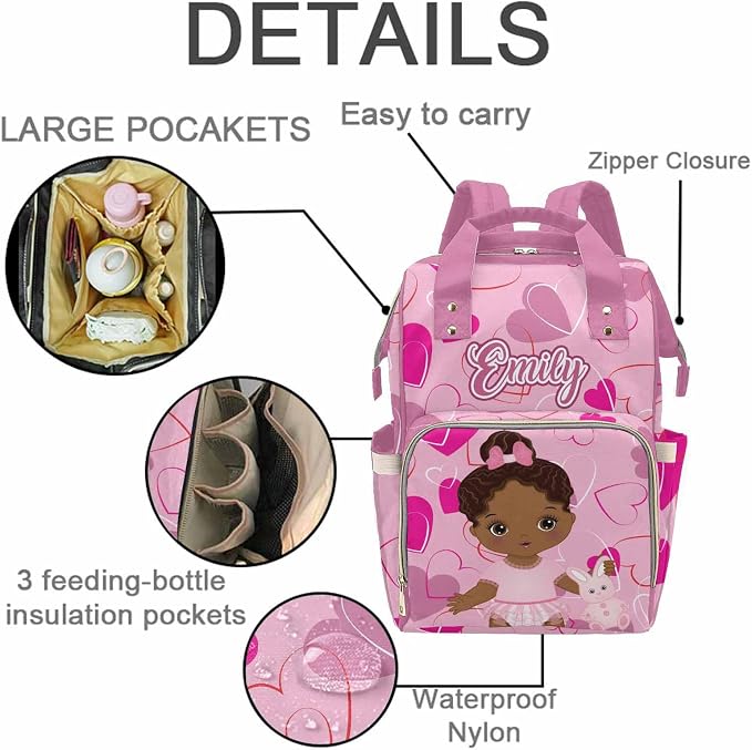 M YESCUSTOM Custom Name Diaper Bag with Cute American Princess for,Personalized Nylon Waterproof Mommy Travel Backpack with Multi Pocket & Large Capacity Nursing Bags for Women/Mom/Wife