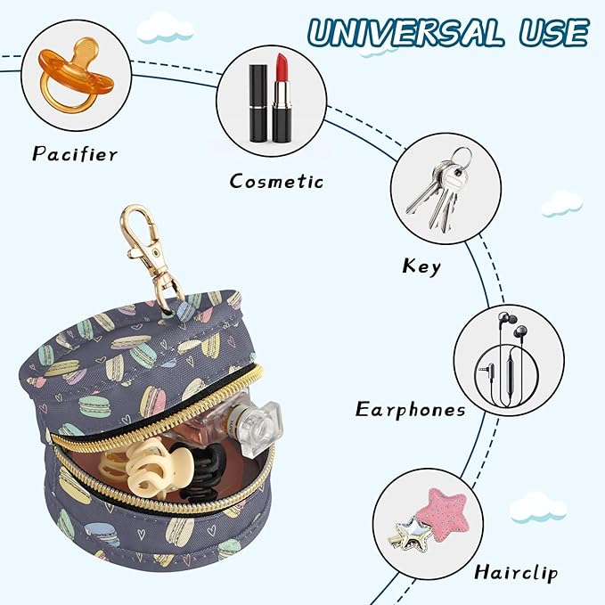 Hearts Macaron Black Pacifier Holder Case Newborn Pacifier Storage Pouch for Boys Girls Easy Attach to Diaper Bag Portable Baby Essentials Container