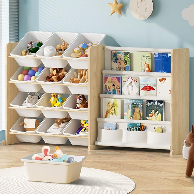 EXPERLAM Kids Toy Storage Organizer - Toy Organizer with Bookshelf, Toy Storage with 12 Toy White Bins and 4 Book Shelves, Toy Organizers and Storage for Playroom, Nursery, Kids Room, Burlywood