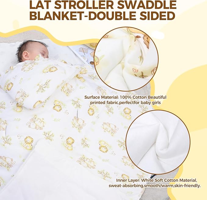 LAT LEE AND TOWN Winter Baby Car Seat Blanket for Newborn,35"x35"Universal Baby Wrap Blanket with Ruffle Hood,Winter Thickening Double Sided Cotton for Infants,Blankets for Stroller(Lion Elephant)