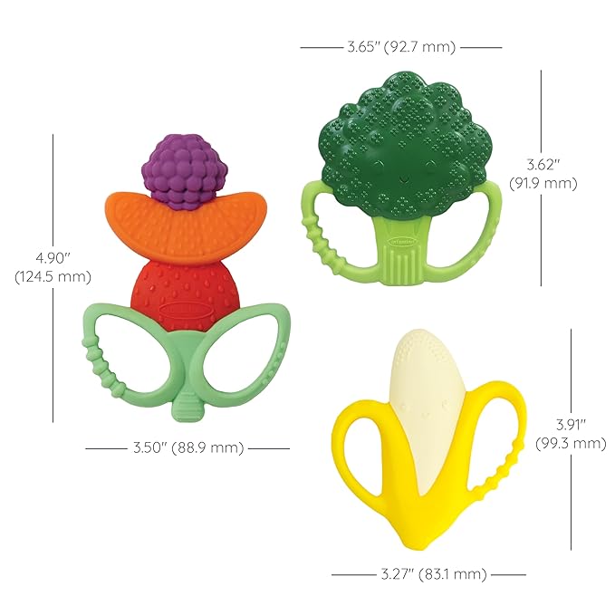 Infantino Lil??Nibbles Textured Silicone Teethers, BPA-Free Baby Teething Toy, Soft, Easy to Hold, Sensory Stimulation for Infants, Banana, Broccoli, Fruit Kabob, 3-Pack Set