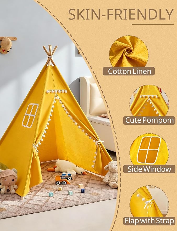 2 Pack Teepee Tent for Kids, Children Play Tents for Girls & Boys Slumber Party, Cotton Linen Playhouse Sleepover Tent with Pompom & Lights