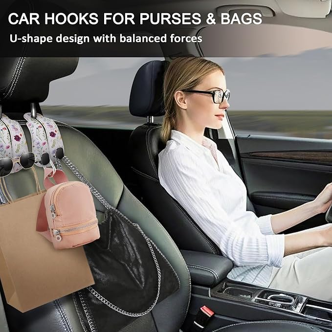 Blusabaca 2PCS Car Seat Back Storage Headrest Hooks, Flowers Floral Purse Holder Bags Hanger, PU Leather Double Metal Hook for Backseat Organizer, Women Car Accessories Organization