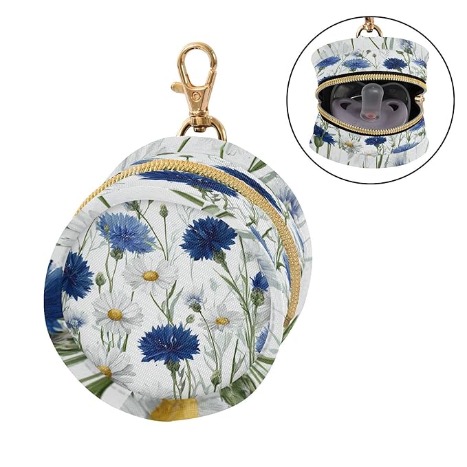 Pacifier Holder with Clip Pacifier Case for Diaper Bag Round Baby Pacifier Pouch Box Bag Portable White Blue Daisy Flower Cornflowers