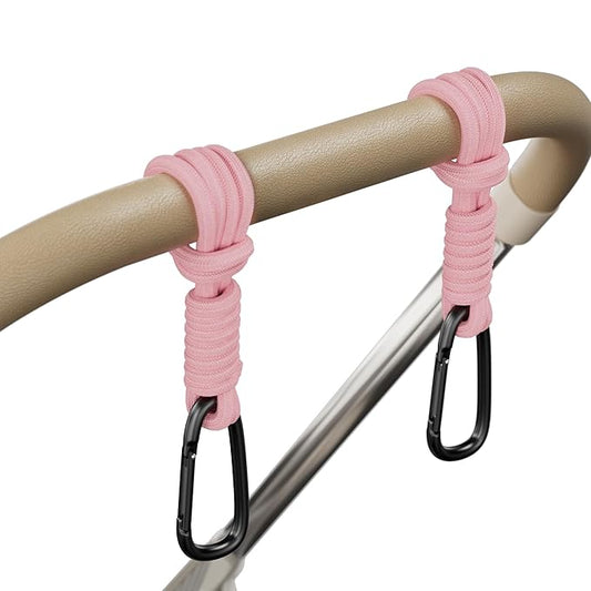 Baby Stroller Hooks, Universal Clips for Diaper and Mommy Bags, Heavy-Duty Hangers with Straps, Practical Stroller Accessory for Moms, Pink-4pc