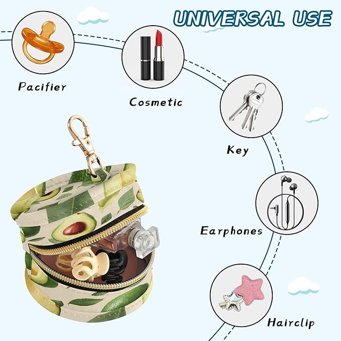 Pacifier Holder with Clip Pacifier Case for Diaper Bag Round Baby Pacifier Pouch Box Bag Portable Nature Avocados Leaves
