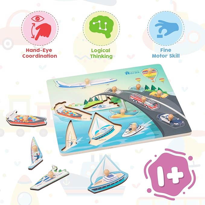 Adena Montessori Colorful Multiple Shape Puzzles Toys for 6-12 Months 1 Year Old Toddler Babies First Shapes Geometric Jumbo Knob Wooden Puzzle Color Sorter (Vehicles)