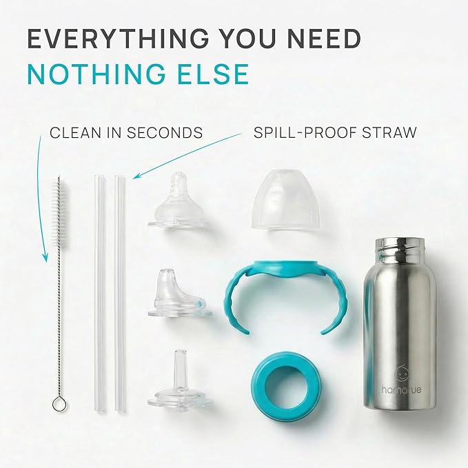 3-in-1 Stainless Steel Newborn Baby Bottle ??Grows into Sippy and Straw Cup, Leak-Proof Insulated, Ages 0??, 6 oz Teal
