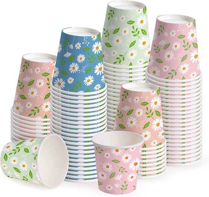 WRAPAHOLIC 3oz Paper Cups - 100 Pack Disposable Bathroom Cups with Daisy Floral and Leaf Design, Small Mouthwash Cup for Toothbrush Rinse, Home Bathroom, Picnic, BBQ, Travel and Tea Party