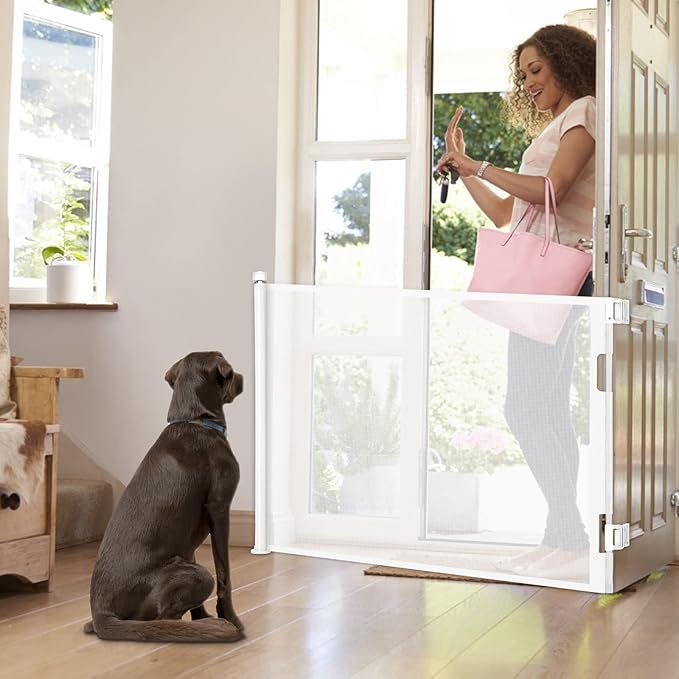 Retractable Baby Gate, Extra Wide Safety Kids or Pets Gate, 33” Tall, Extends to 71” Wide, Mesh Safety Dog Gate for Stairs, Indoor, Outdoor, Doorways, Hallways