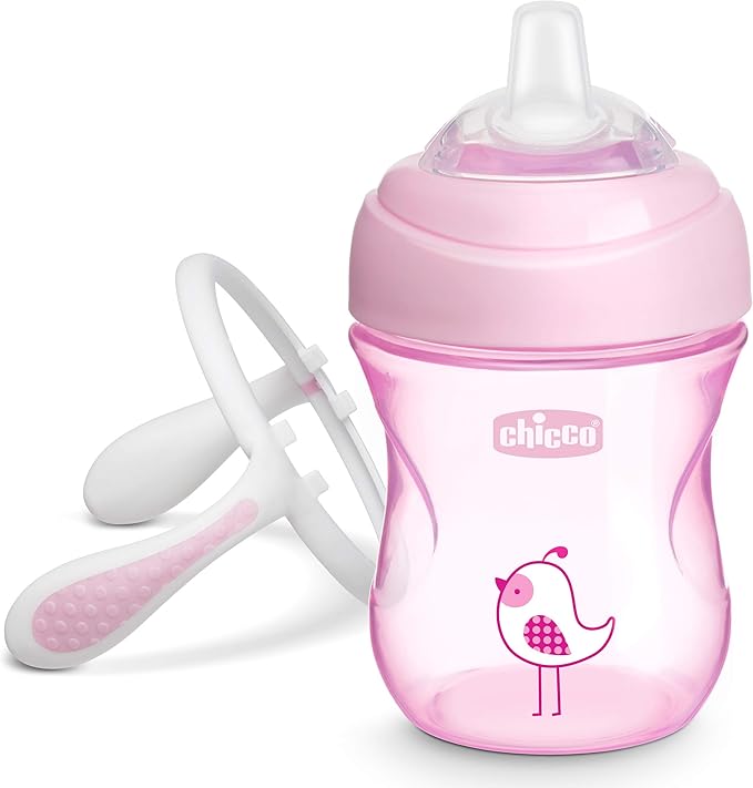 Chicco Transition Sippy Cup with Silicone Spout and Spill-Free Lid 7oz. | Calibration Markings | Removable Handles | Top-Rack Dishwasher Safe | Easy to Hold with Ergonomic Indents | Pink | 4+ months
