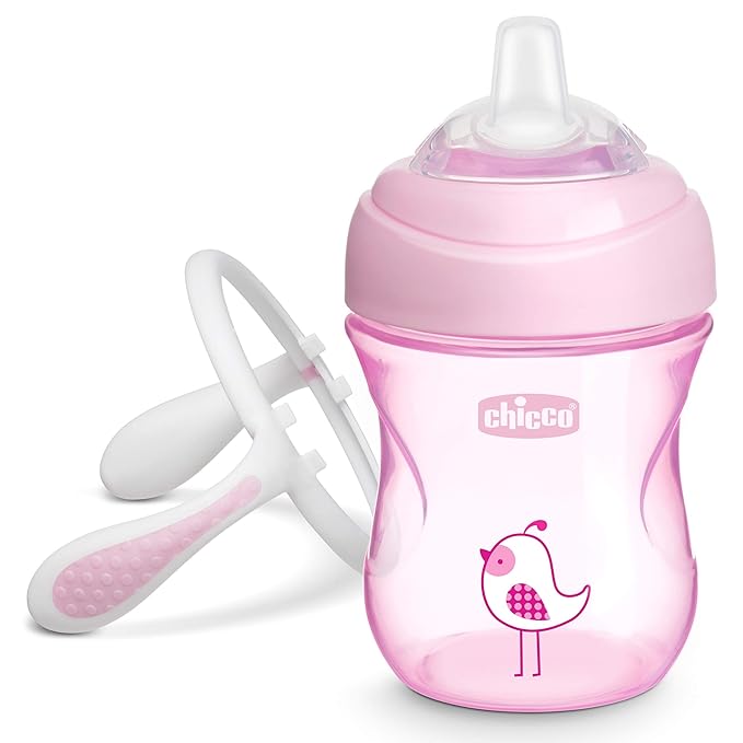 Chicco 7oz. Transition Sippy Cup with Silicone Spout and Spill-Free Lid | Calibration Markings | Removable Handles | Top-Rack Dishwasher Safe | Easy to Hold with Ergonomic Indents | Pink| 4+ Months