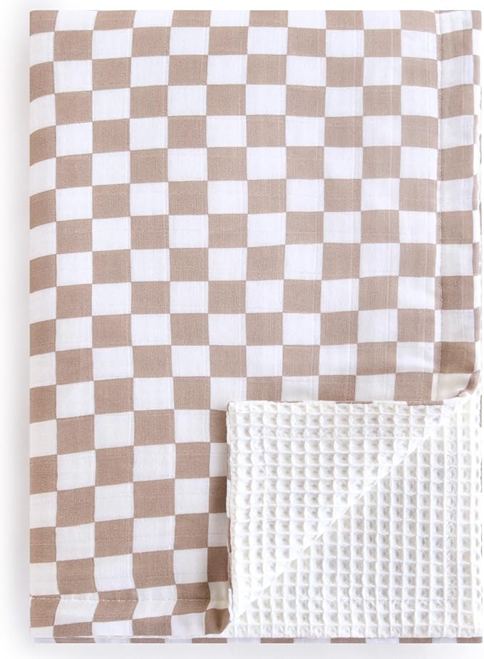 LifeTree Waffle Baby Blankets, Muslin Checkered Swaddle Blankets for Boys Girls, 2 Layers Crib Stroller Blanket Receiving Blanket with Muslin Front and Waffle Backing Infant Newborn