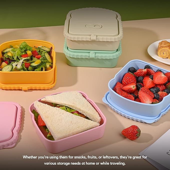 4 Pack Sandwich Containers, Silicone Snack Containers with Airtight Lids, Reusable Toast-Shaped Sandwich Box, BPA-Free, Dishwasher Safe, Food Storage Containers for Snacks & Fruits (B)