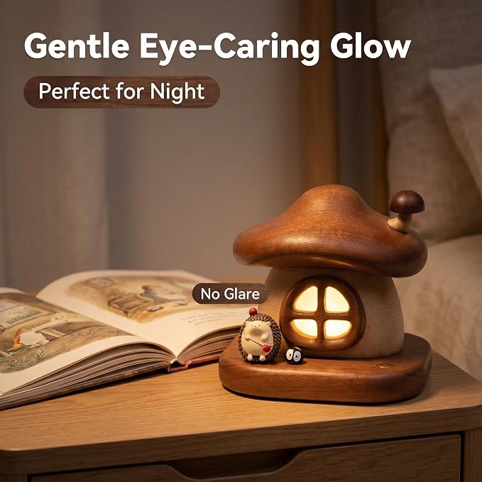 LONRISWAY Cordless Wood Mushroom Lamp, Small Battery Operated Wooden Table Lamp Portable Night Light, 3-Color Touch Control Wireless Stepless Dimming for Bedroom Nightstand for Birthday Gifts