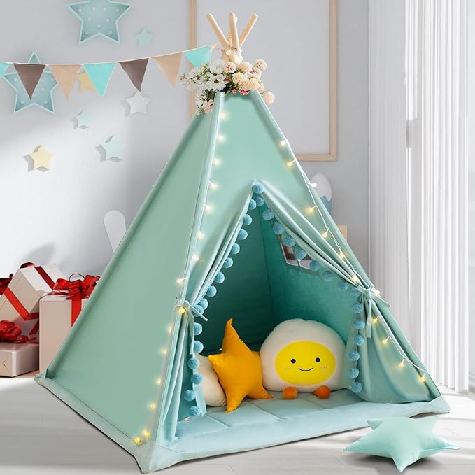 Teepee Tent for Kids with Padded Mat Cotton Canvas Kids Tent with Pompom for Toddlers Indoor Play Tent for Girls Boys with Stars Lights, Carry Bag, Banner Flag (Green)