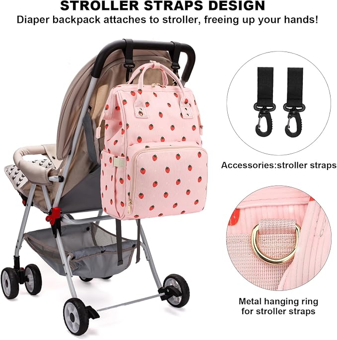 Corduroy Diaper Bag Backpack for Baby Girls Boys, Women Large Nappy Bags for Mom (Pink Corduroy Strawberry)