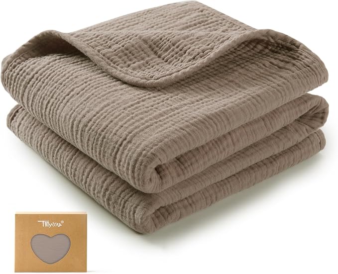 TILLYOU Muslin Swaddle Blanket Soft Baby Blanket for Girls Boys, 4-Layer Cotton Swaddle for Newborns 40"X40", Grey Brown