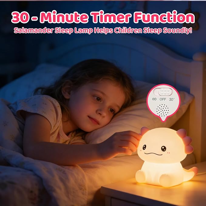 Axolotl LED Night Light, Silicone Touch Lamp for Bedroom with 7 Colors Timer and Dimmable 3-Level Squishy Warm Cute Night Lights, Rechargeable Animal Lamp for Bedroom Decor Birthday Gift